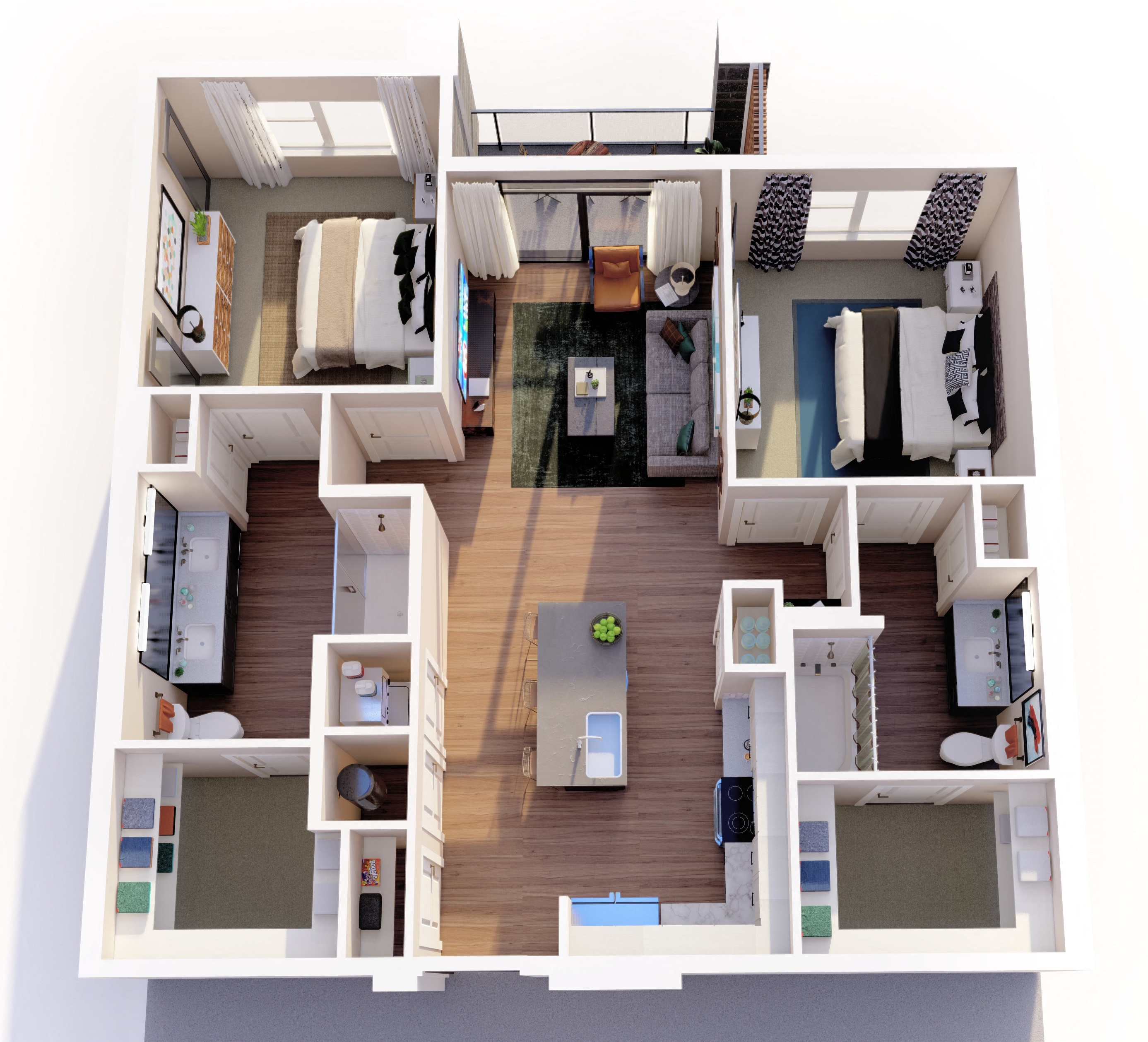 Floor plan for 2 beds, 2 baths, 1048 sqft